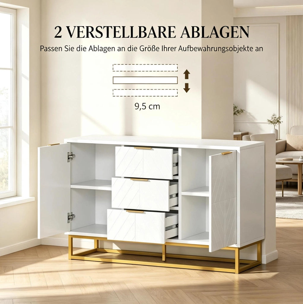 Credenza bianca e dorata con 2 vani e 3 cassetti
