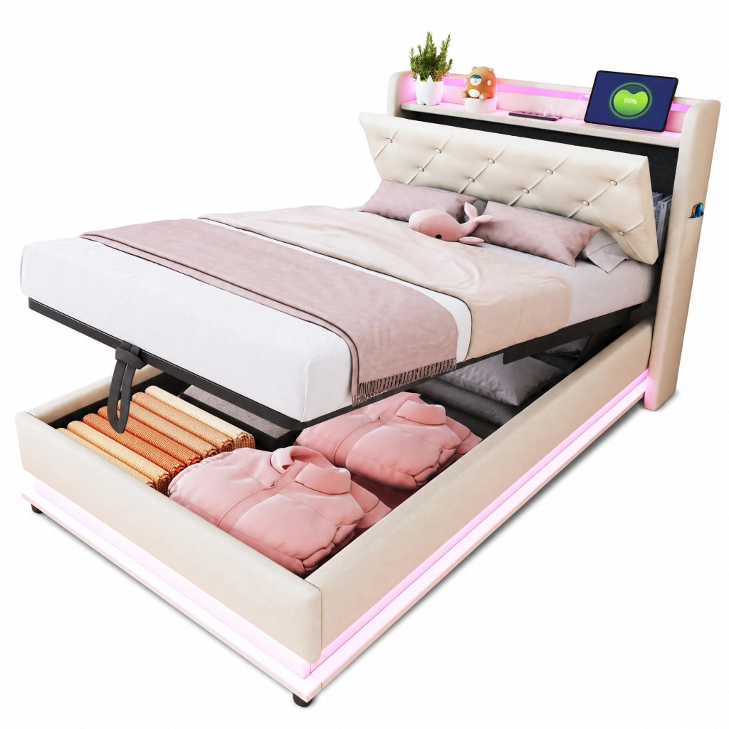 Letto imbottito 90x200 beige con LED, USB, vano contenitore e materasso