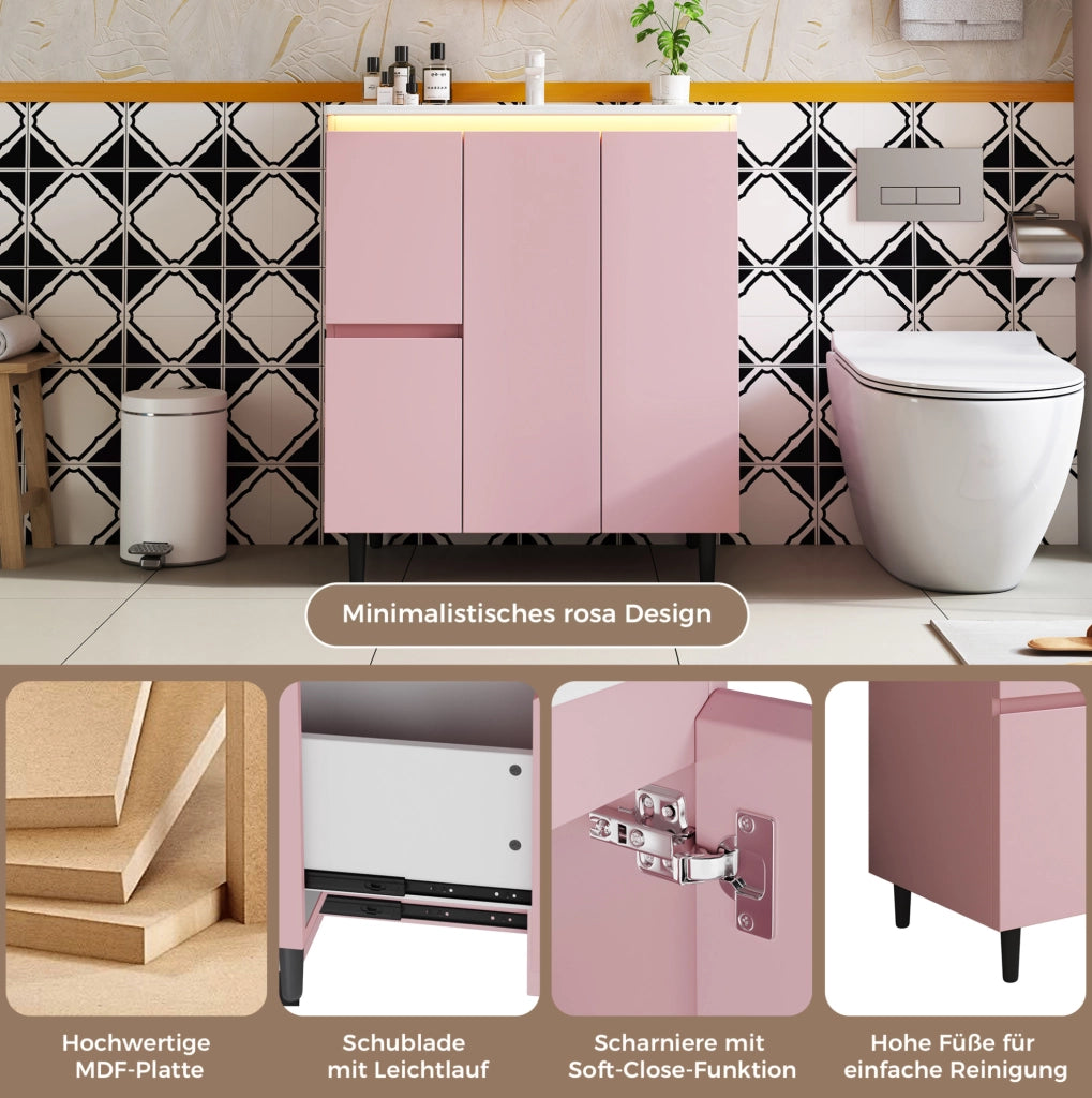 Mobile lavabo da bagno rosa con sensore luminoso, 76 × 47 × 89 cm