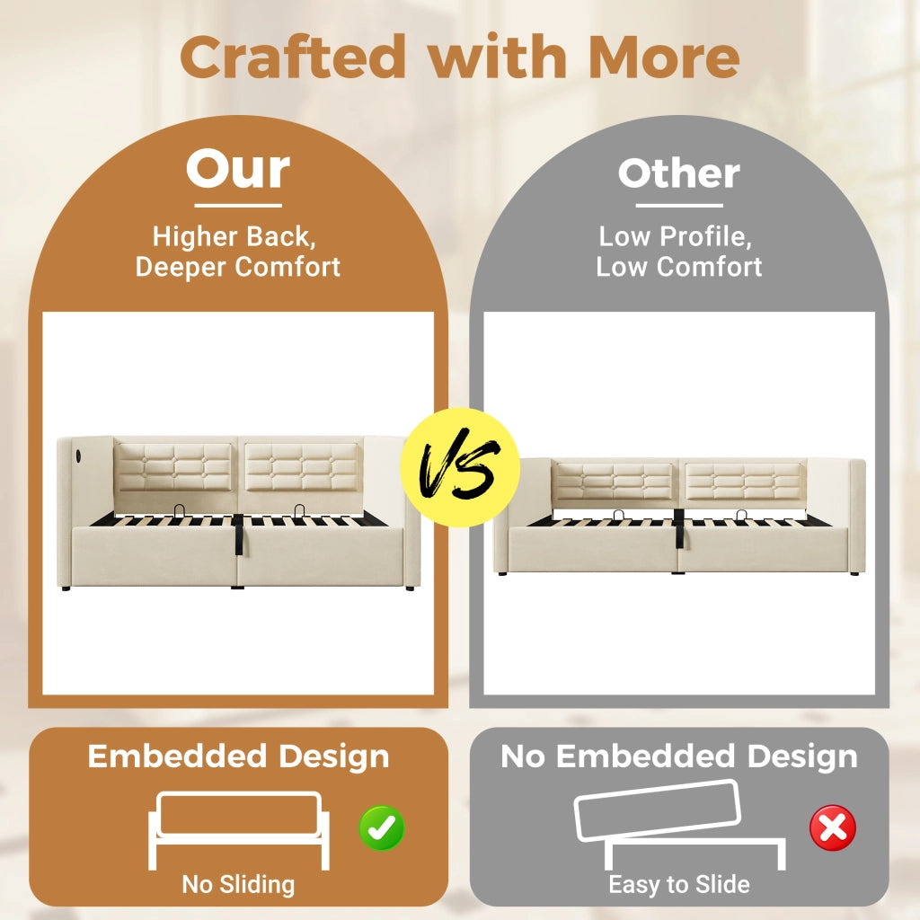 Letto imbottito 90 × 200 cm con contenitore idraulico e ricarica USB Type-C; rivestito in velluto beige