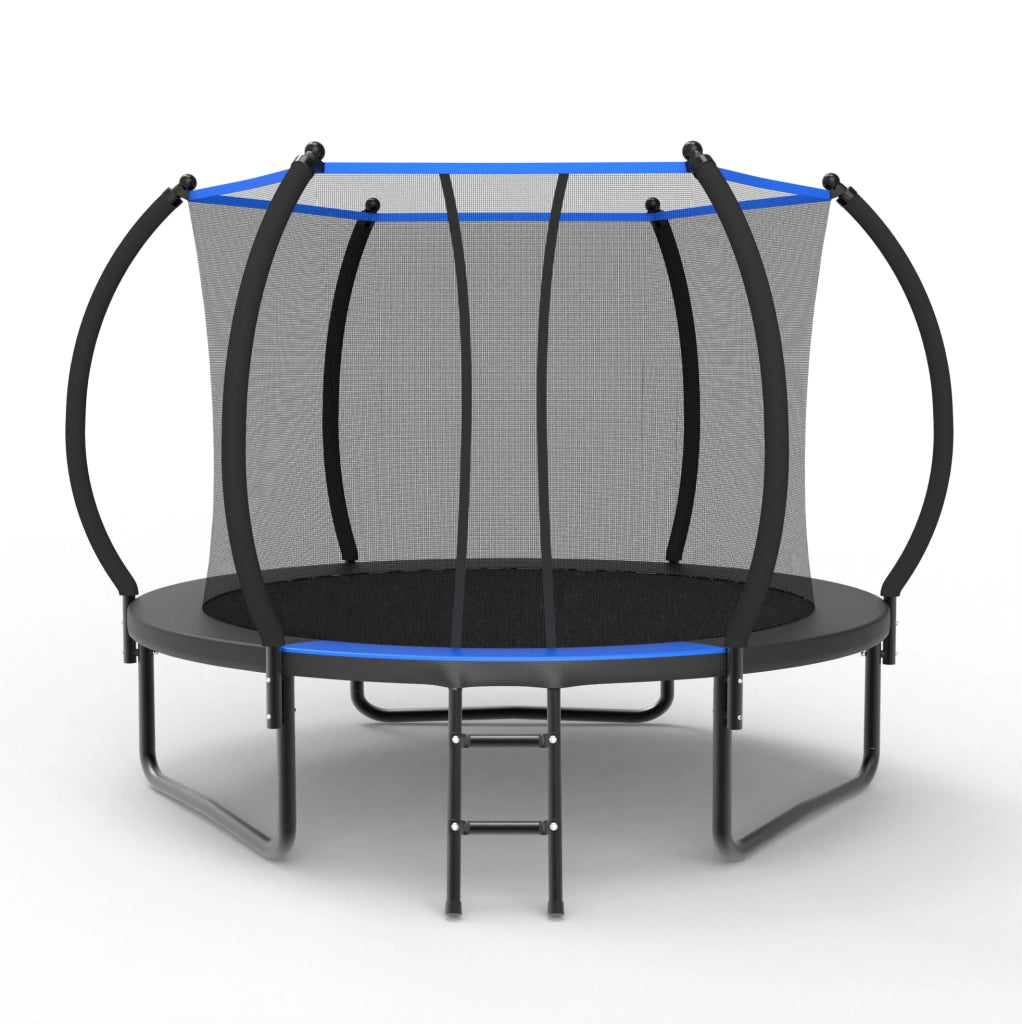 Trampolino rotondo 305 cm in acciaio nero e blu, rete di sicurezza, scala, da giardino