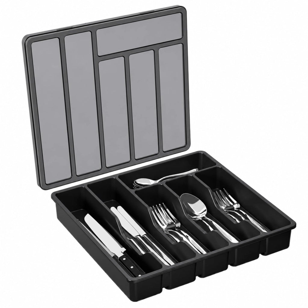 Contenitore per posate, dimensioni 32x30 cm, 6 scomparti, con coperchio, colore nero