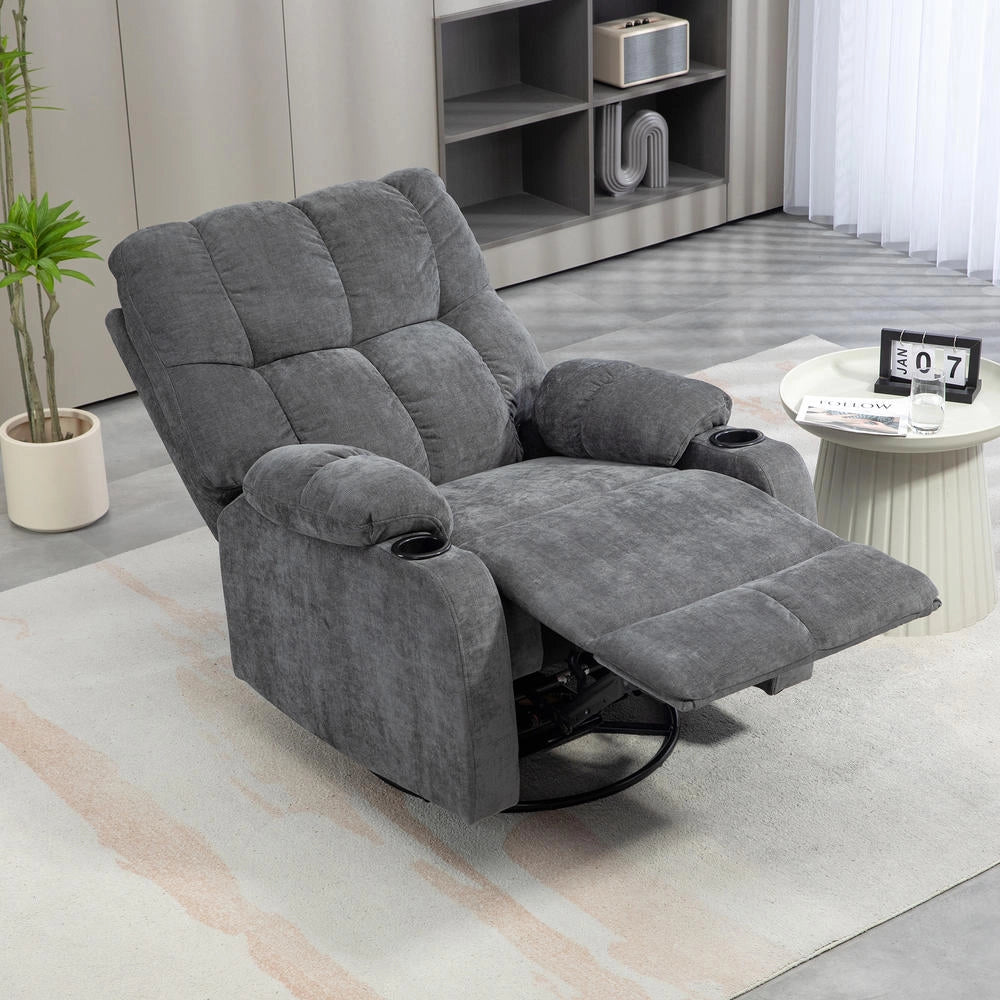 Poltrona relax reclinabile girevole con poggiapiedi, telaio in acciaio, grigio scuro, 88x96x108cm, fino a 150 kg