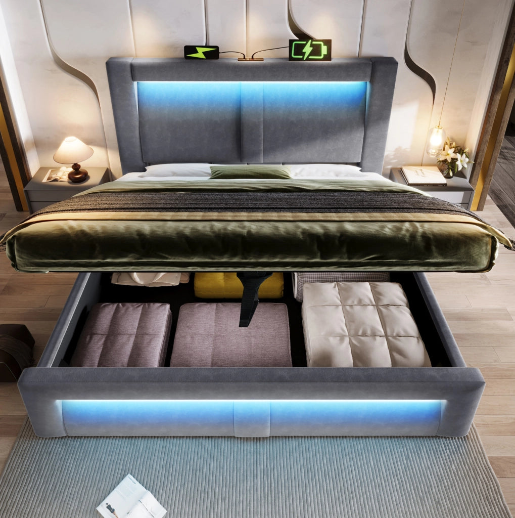 Letto matrimoniale 140x200 cm con contenitore; LED; USB e Type-C; velluto grigio