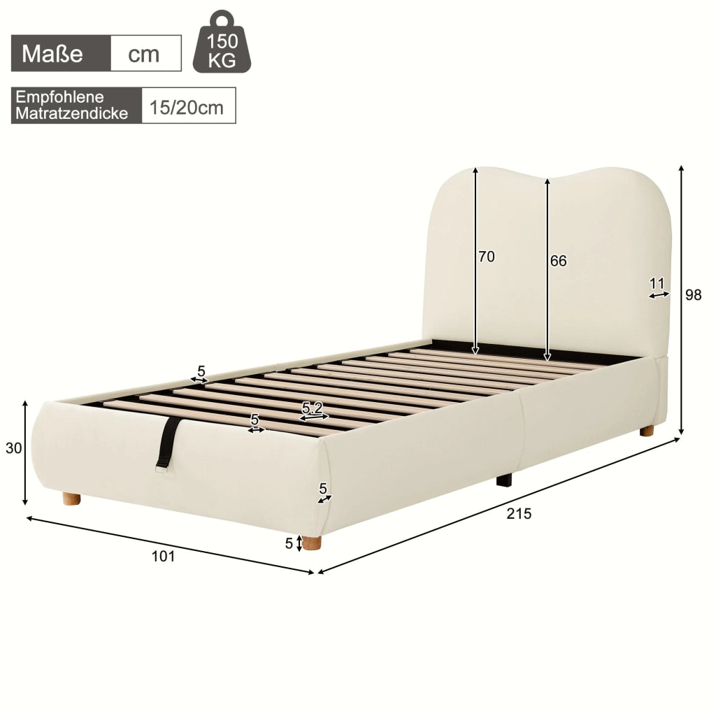 Letto per bambini imbottito in velluto beige con vano contenitore idraulico e rete a doghe inclusa