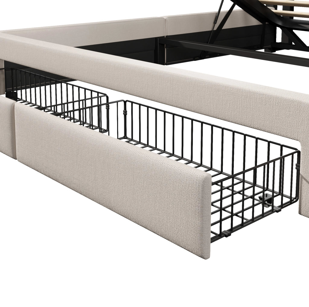 Letto contenitore imbottito 140x200 beige in lino con LED e USB-C, materasso incluso