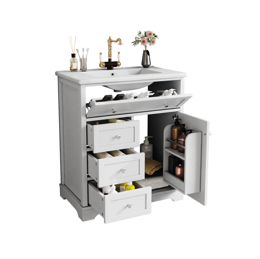 Mobile lavabo bagno 76 × 46 × 87 cm, MDF bianco, lavabo ceramico, 3 cassetti