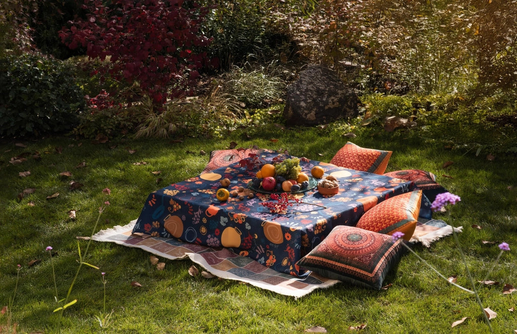 Tovaglia Qvevri, motivo vino, 210x140 cm, cotone, blu