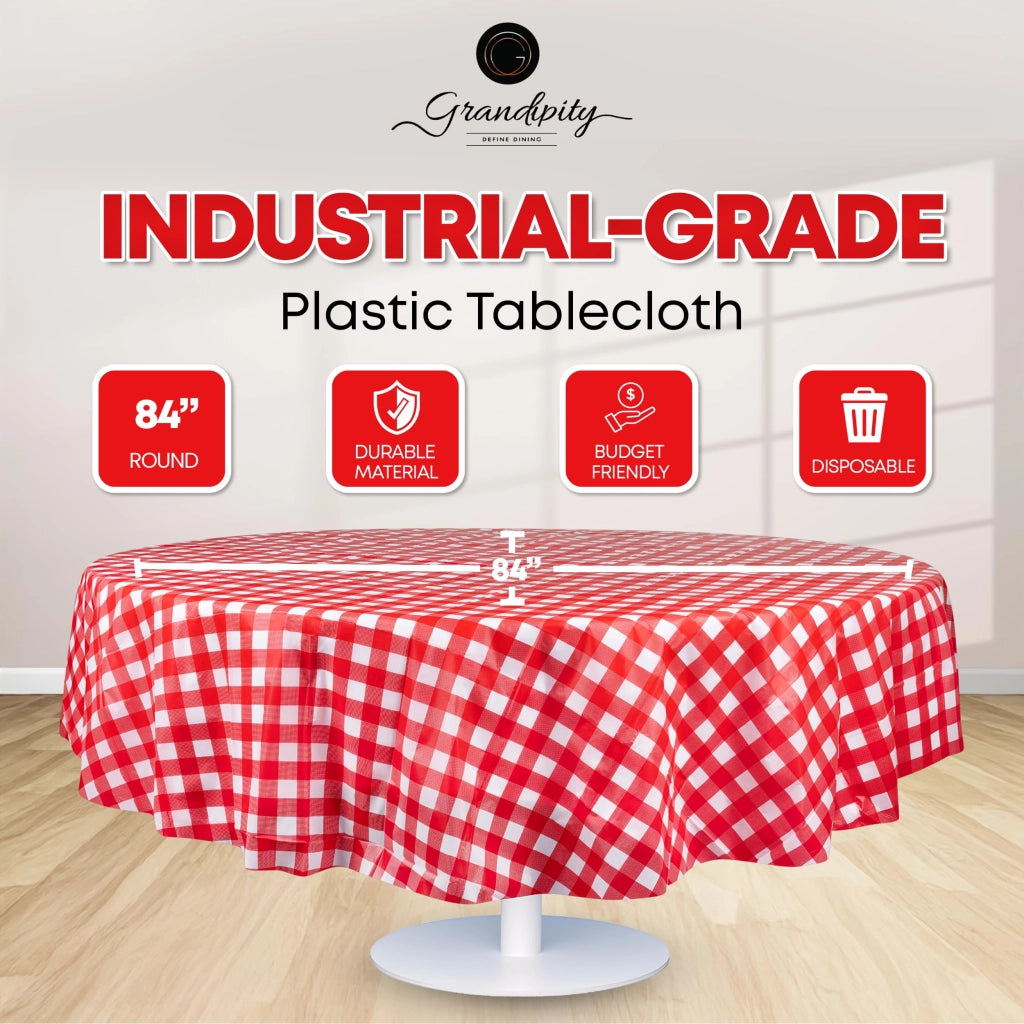 Tovaglia usa e getta rotonda, set da 6, 84 pollici, a quadretti rossi e bianchi, in plastica