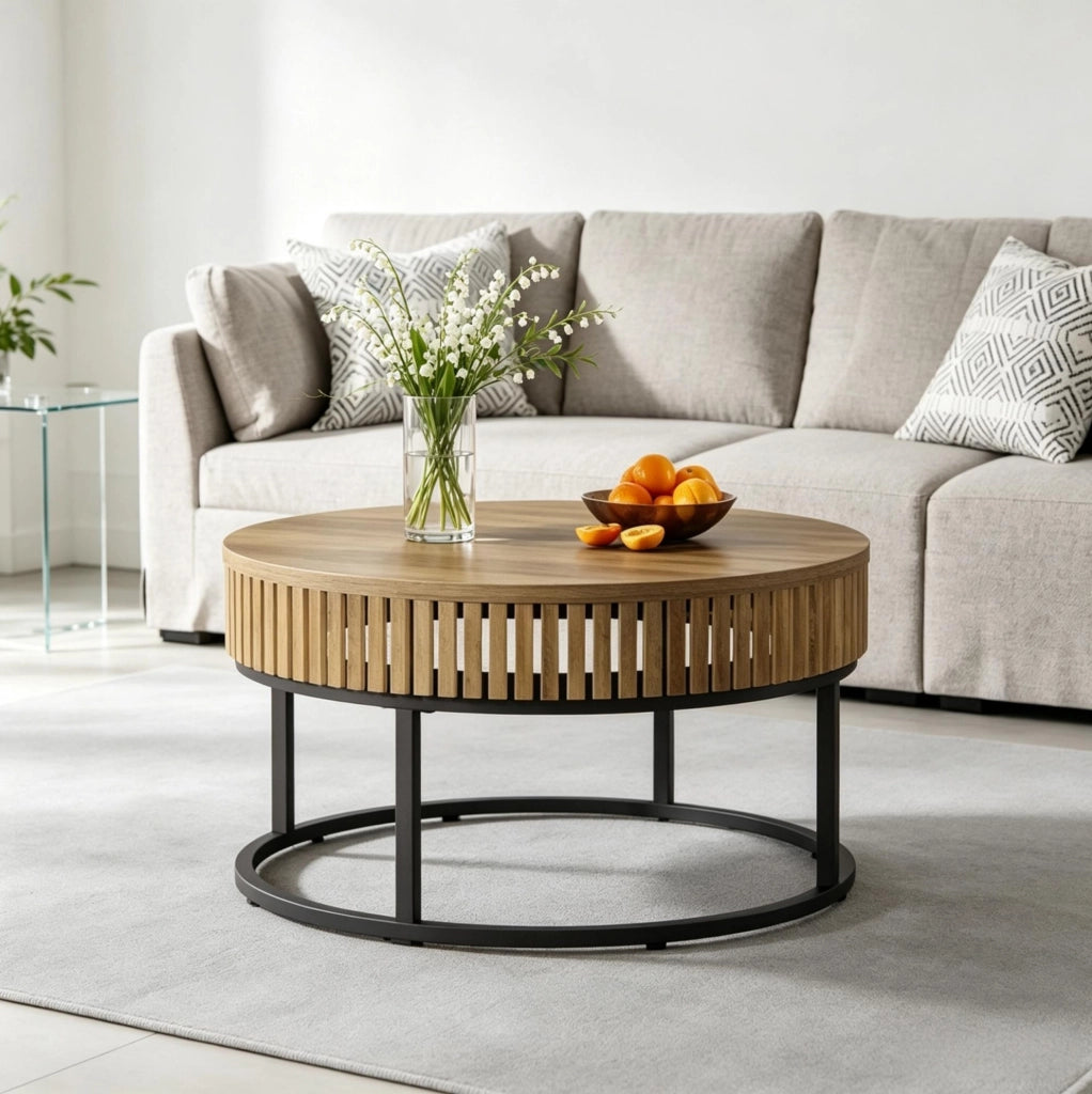 Tavolino da salotto rotondo Ø 80 cm in MDF e metallo, marrone e nero