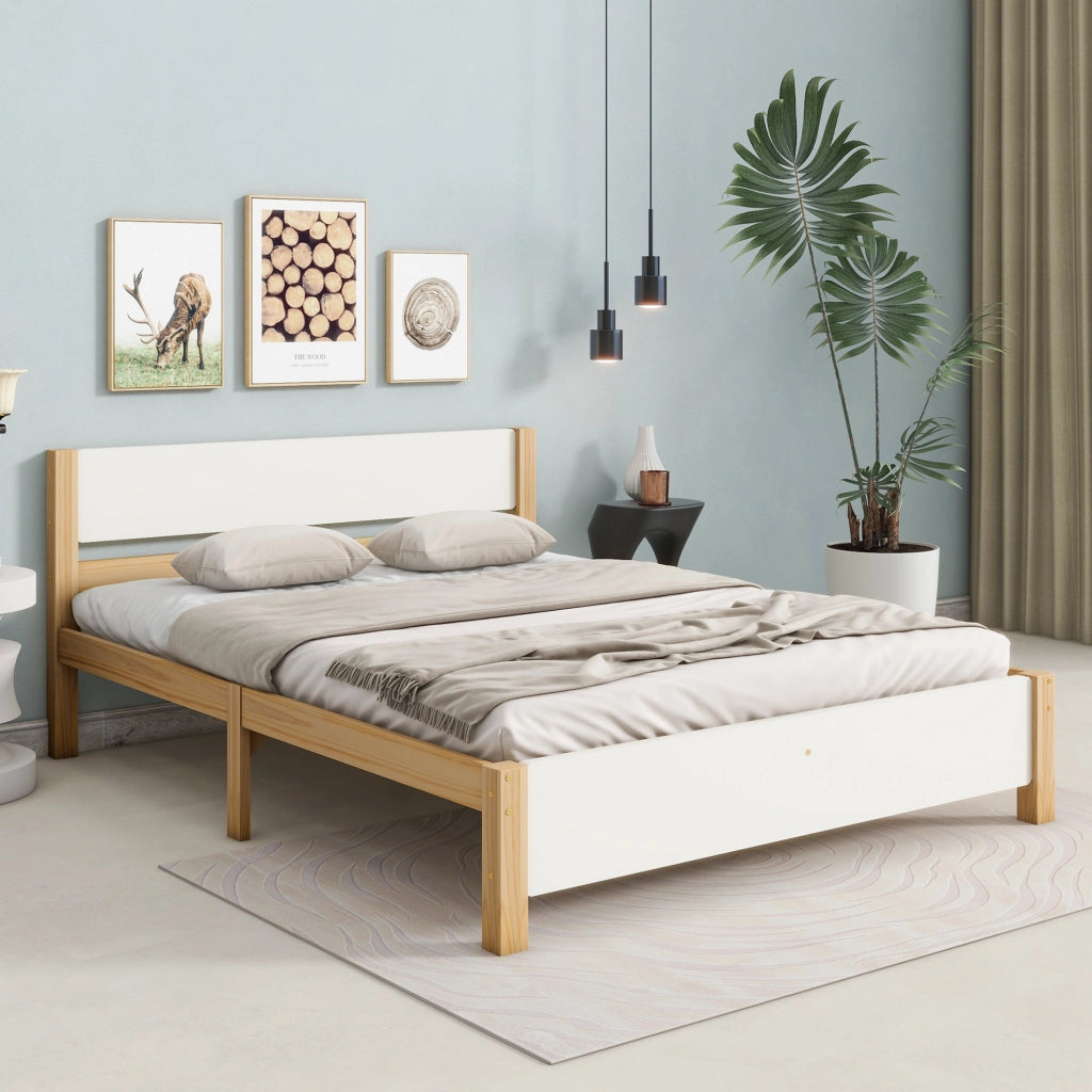 Letto matrimoniale 140x200 cm in legno di pino e MDF con 15 doghe; bianco e naturale