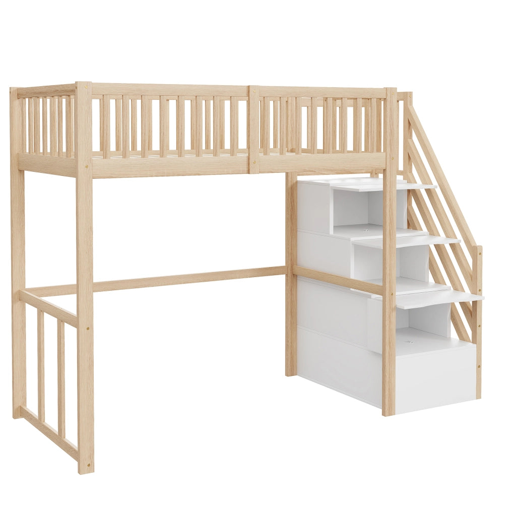 Letto a soppalco 90x200 cm in legno di pino con scala contenitore; parapetti e spazio sottostante