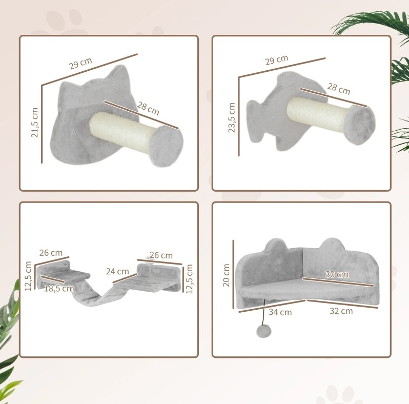 Set da parete per gatti 4 pezzi grigio chiaro sisal e peluche salvaspazio