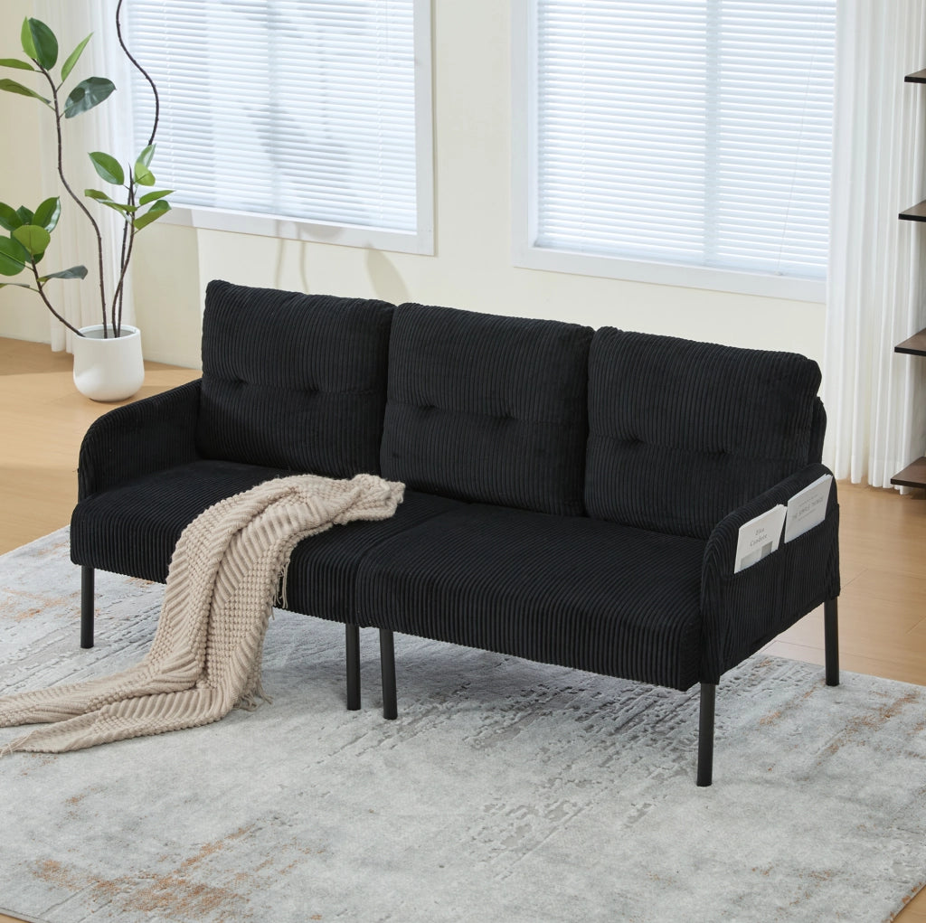 Divano 3 posti 171x72x80 cm in cord nero con tasche laterali