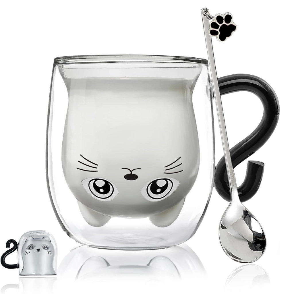 Tazza a forma di gatto, in vetro a doppia parete, capacità 280 ml, colore nero