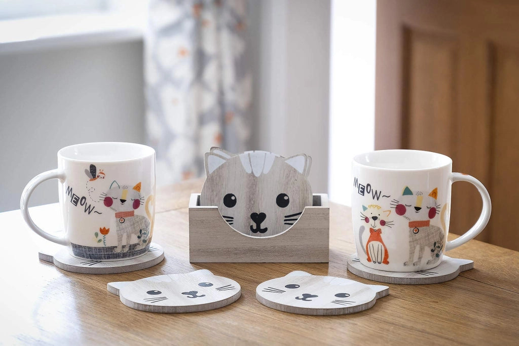 Sottobicchieri in legno a forma di gatto, set da 6 con supporto, color marrone