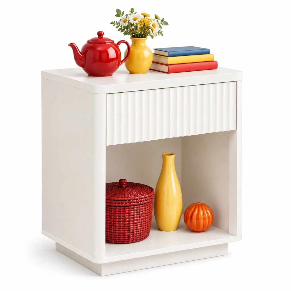 Comodino con Cassetto e Ripiano Aperto in Legno, Design Moderno con Pannello a Increspatura, 63,5x38x46,5 cm