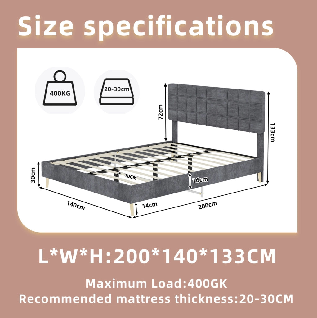 Letto matrimoniale grigio scuro in tessuto con testiera imbottita a quadri, 140x200 cm, materasso incluso