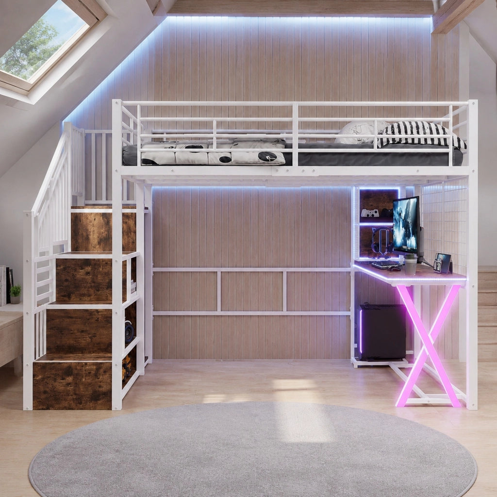 Letto a soppalco 140x200 cm con scrivania, scala, armadio e LED in metallo bianco, senza materasso