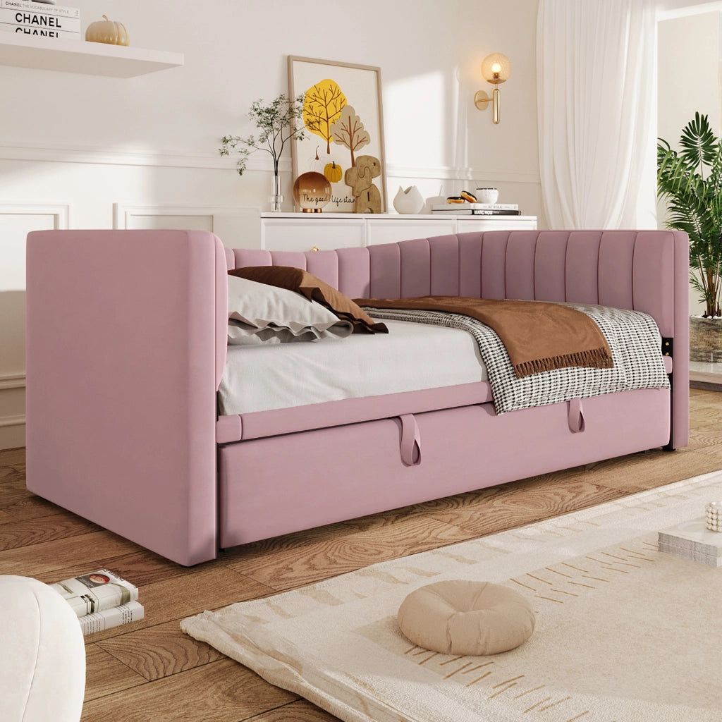 Divano letto 90 × 200 cm con letto estraibile rialzabile in velluto rosa e struttura in MDF