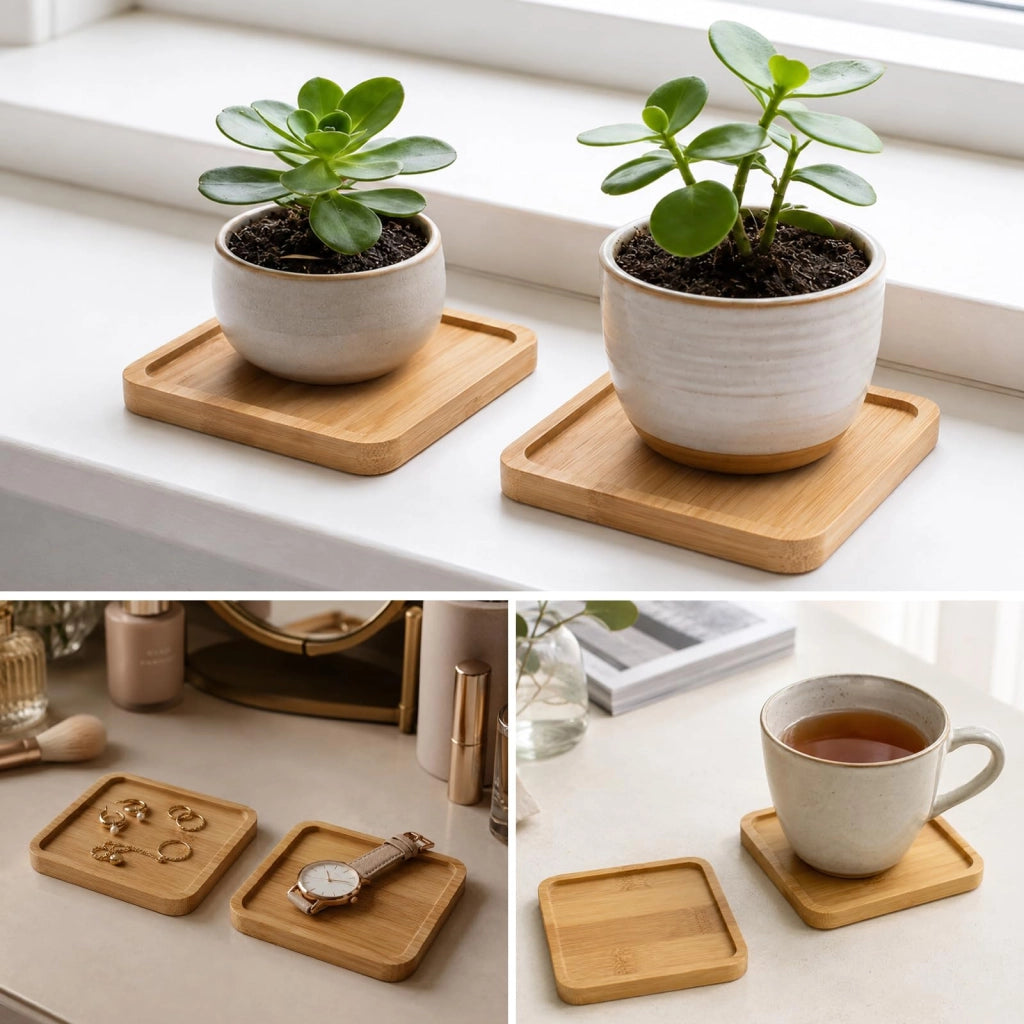 Set di 16 vassoi quadrati in bambù, 9x9 cm, sottobicchieri in legno