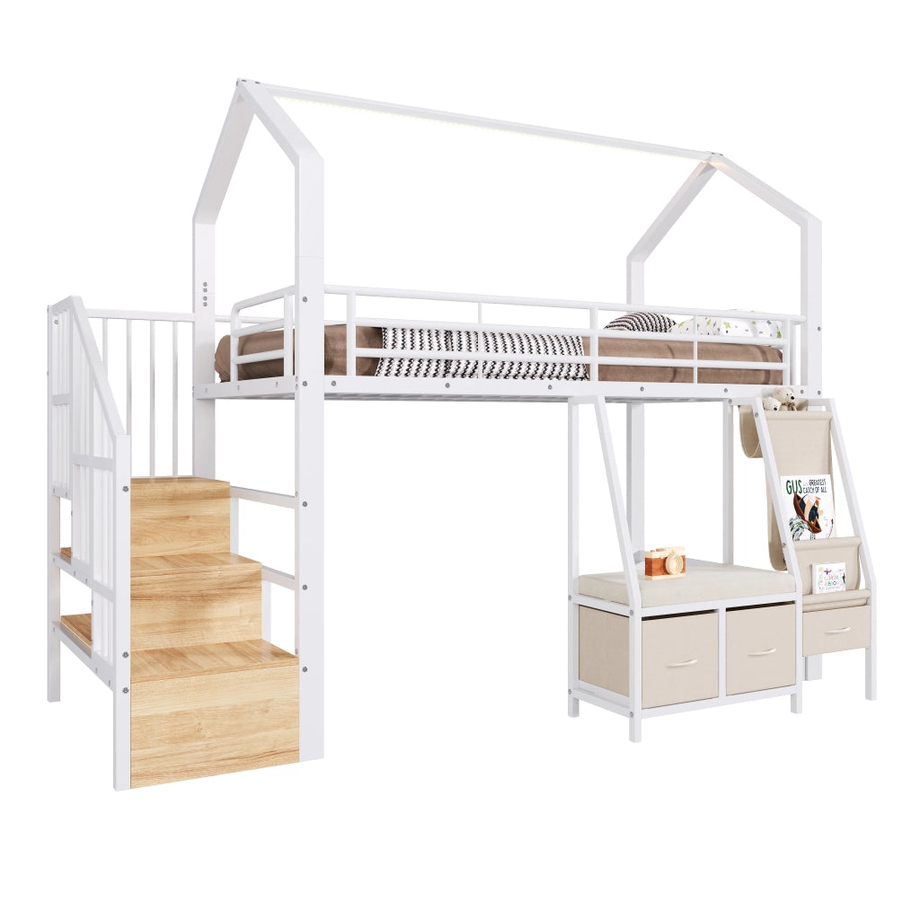 Letto a Soppalco 90x200 con Cassetti; Rangement Integrato; LED; Sponde di Sicurezza LEMONMAX Salvaspazio per Camera Bambini