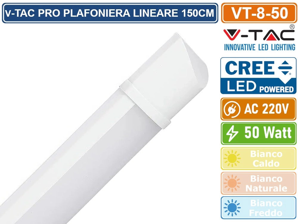 V-TAC VT-8-50 TUBO LED PRISMATICO PLAFONIERA 50W LAMPADINA 150CM CHIP LED CREE IP20 - Colore Luce:Bianco Freddo