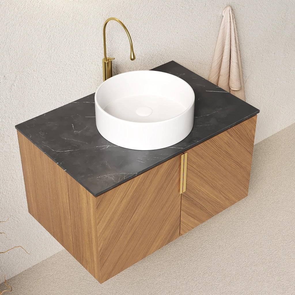 mobile bagno sospeso 76 cm con lavabo rotondo in ceramica e top nero