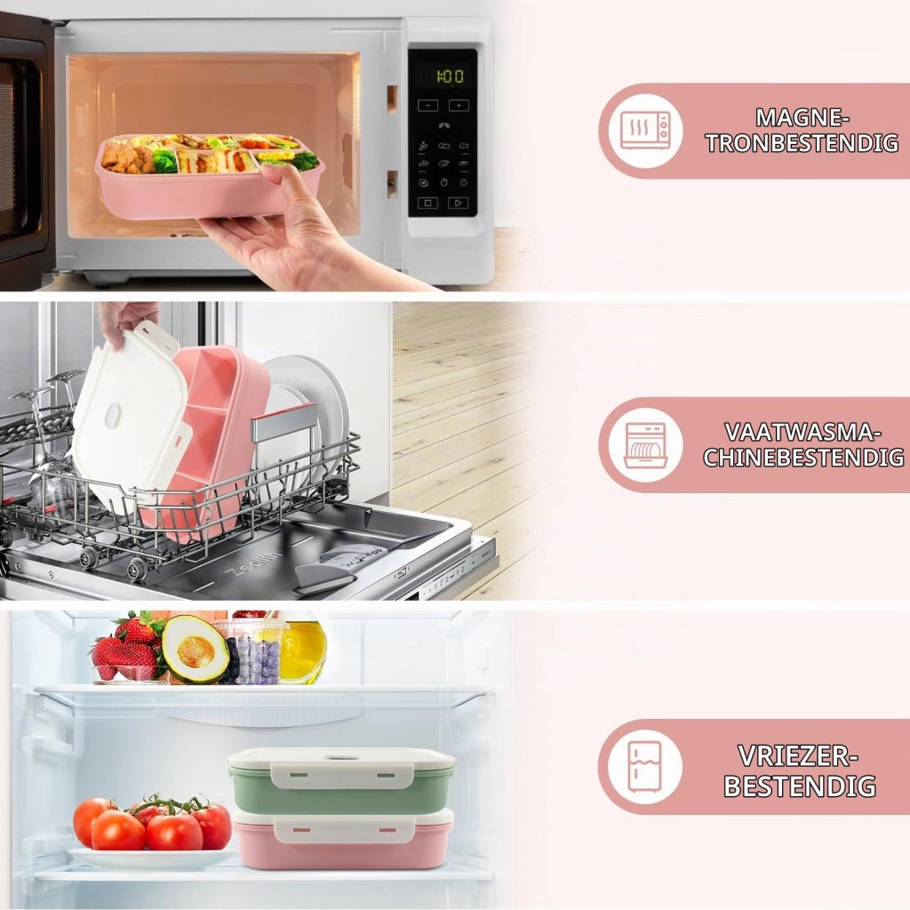 Contenitore per alimenti Bento, capacità 1400 ml, con 4 scomparti, a prova di perdite, senza BPA, colore rosa