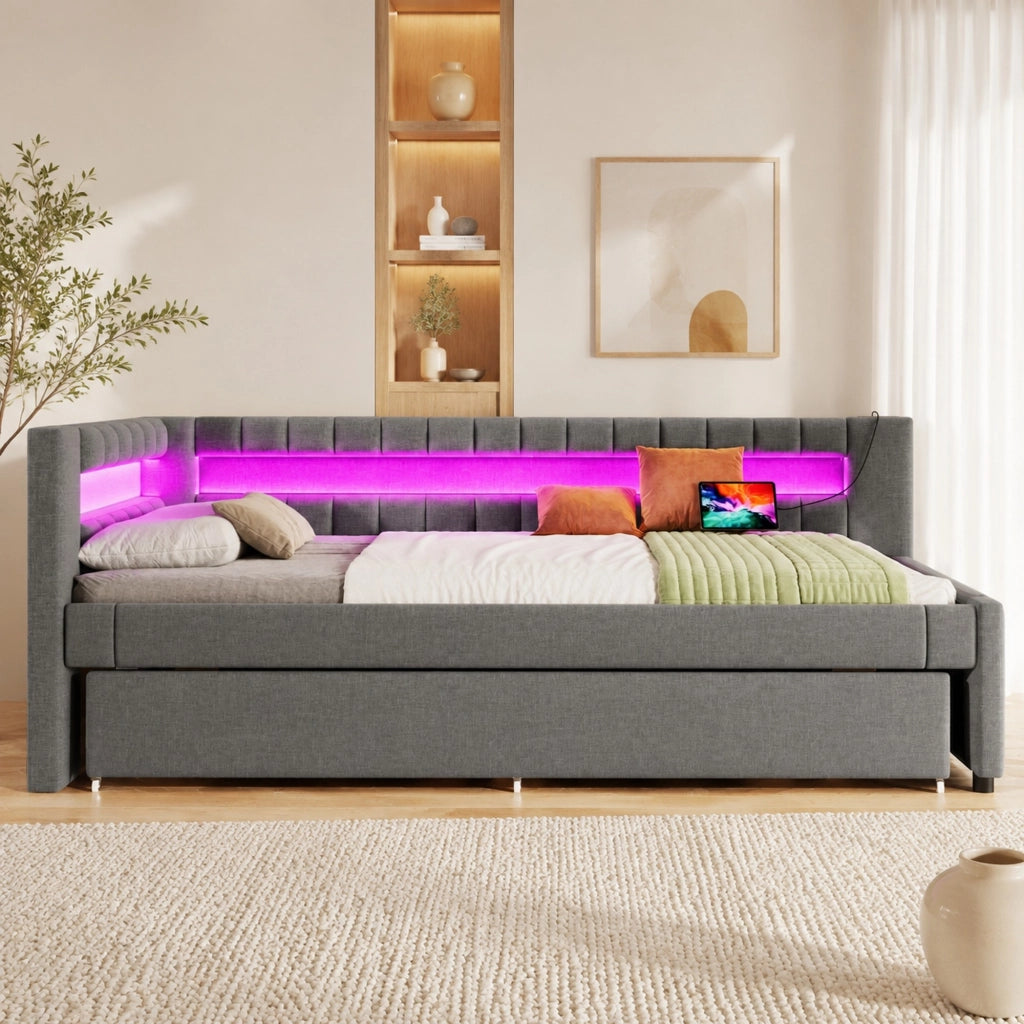 Letto con letto estraibile 90 × 200 cm con LED USB e Type-C in lino e MDF grigio