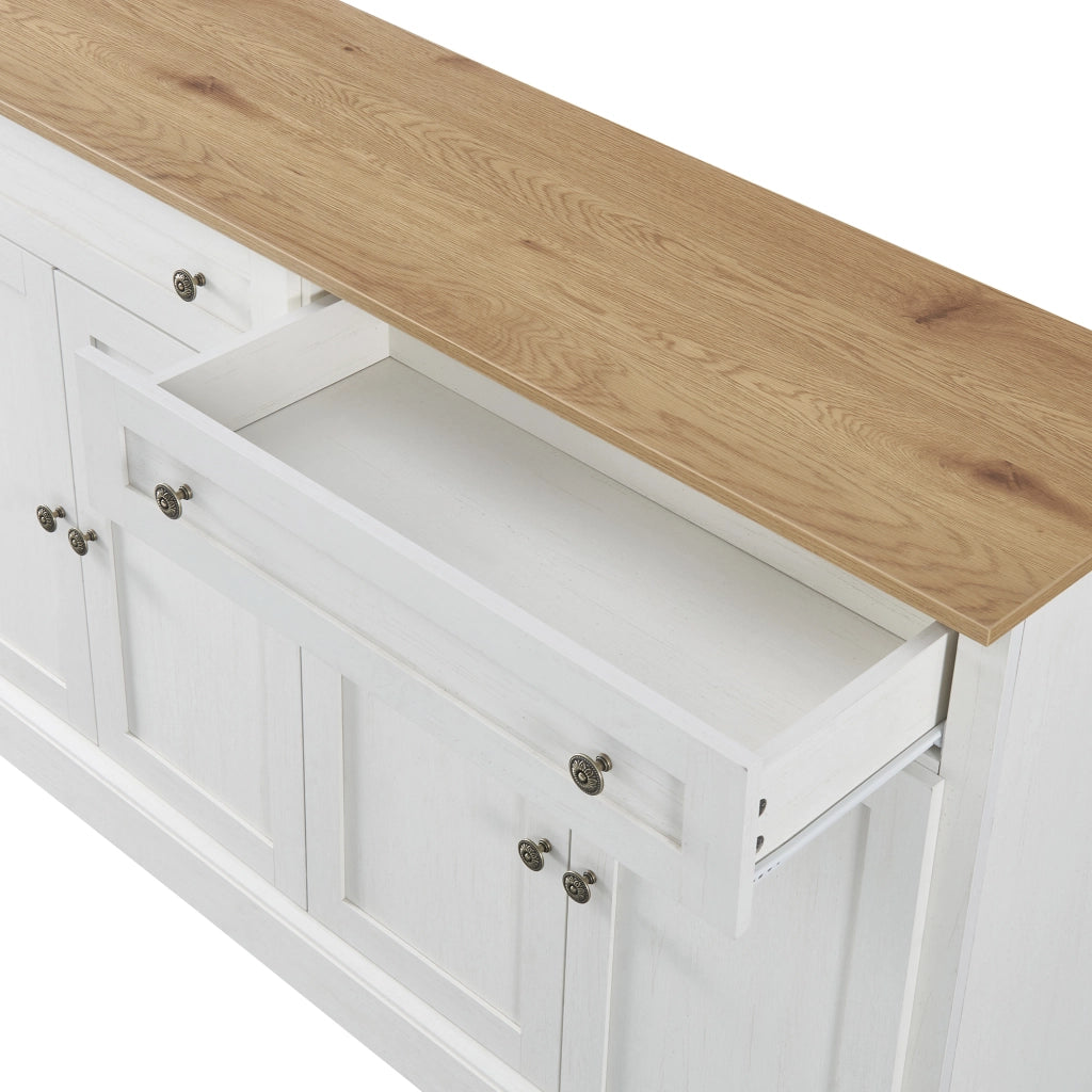 Credenza 150 × 40 × 86 cm con 4 ante 2 cassetti e ripiani regolabili in MDF e truciolato bianco e legno naturale