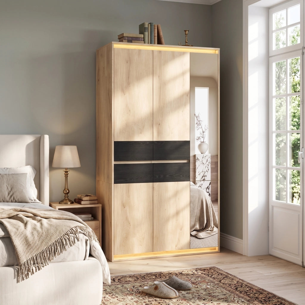 Armadio con specchio e illuminazione LED in MDF naturale