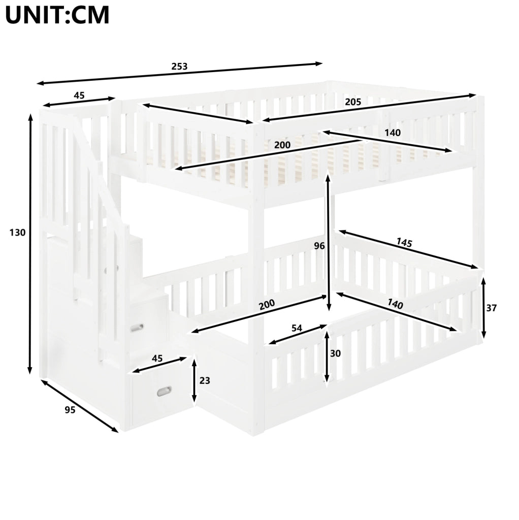 Letto a castello 140x200 cm in legno massello con scala e spazio contenitivo, bianco