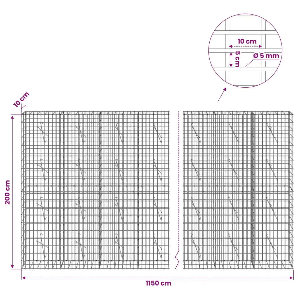Gabione con Filo da 5 mm e Rete da 5x10 cm 1150x10x200 cm 3464513