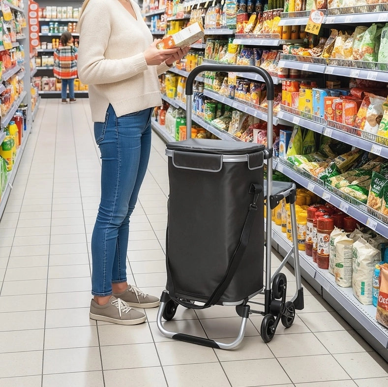 Carrello spesa 40 L grigio scuro con seduta e ruote per scale