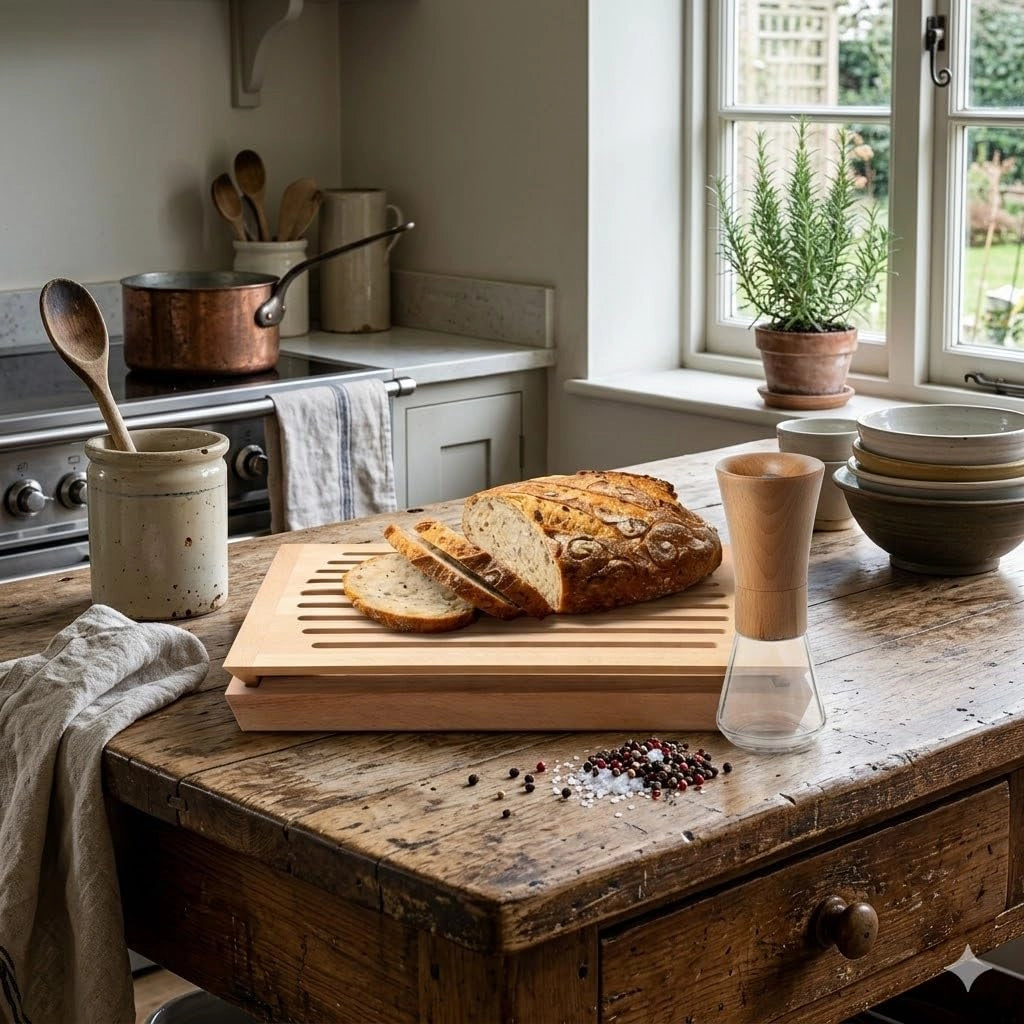 Tagliere per pane con raccoglitore per briciole, dimensioni 30x40x5 cm, in legno di faggio