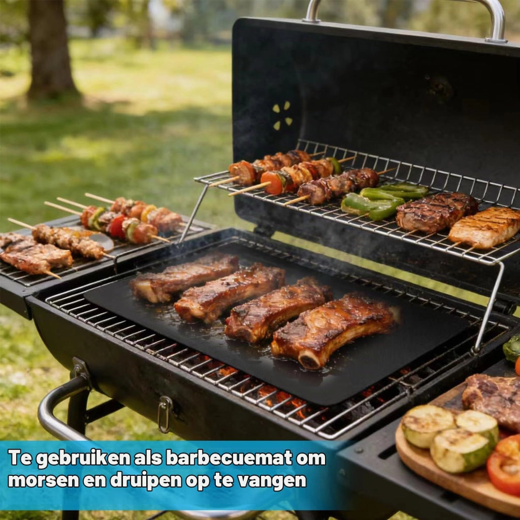 Tappetino da barbecue, 2 pezzi, 40 x 50 cm, riutilizzabile, antiaderente, resistente al calore fino a 260 °C, per barbecue a carbone, a gas, incluso pennello in silicone, per forno