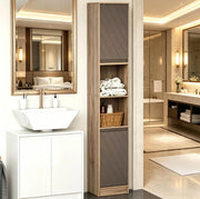 Mobile alto e stretto da bagno grigio e rovere con ripiani regolabili