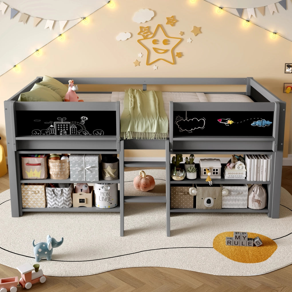 Letto rialzato per bambini 90x200 cm con ripiani; scala e lavagna in pino e MDF; grigio