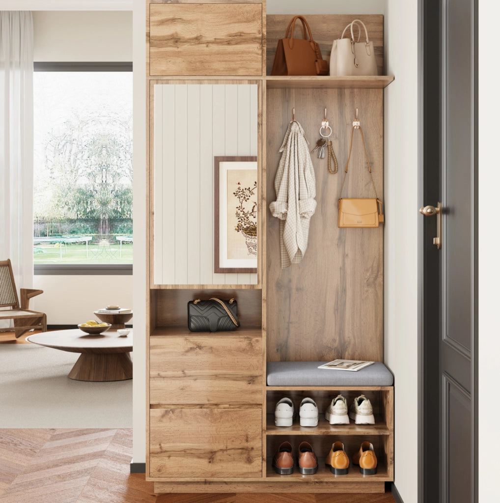 Mobile ingresso 90x34,5x190 cm naturale in MDF, specchio e panca