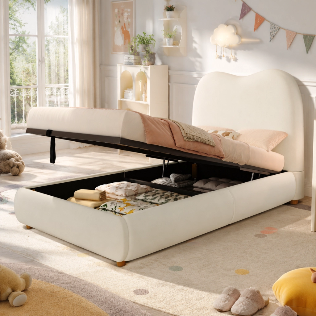 Letto per bambini imbottito in velluto beige con vano contenitore idraulico e rete a doghe inclusa