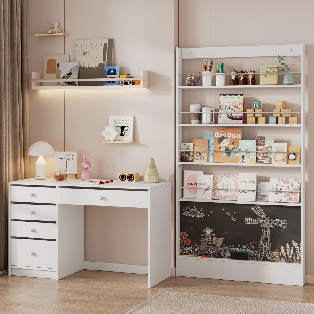 Scrivania con 5 cassetti e libreria con 4 ripiani e lavagna - per studio - bianco