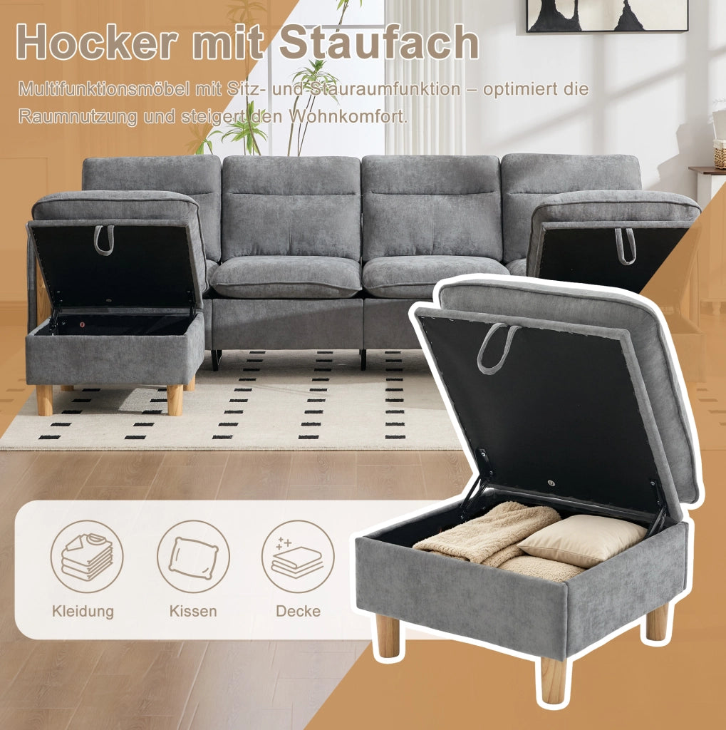 Divano modulare 4 posti in ciniglia grigio chiaro con 2 pouf contenitore
