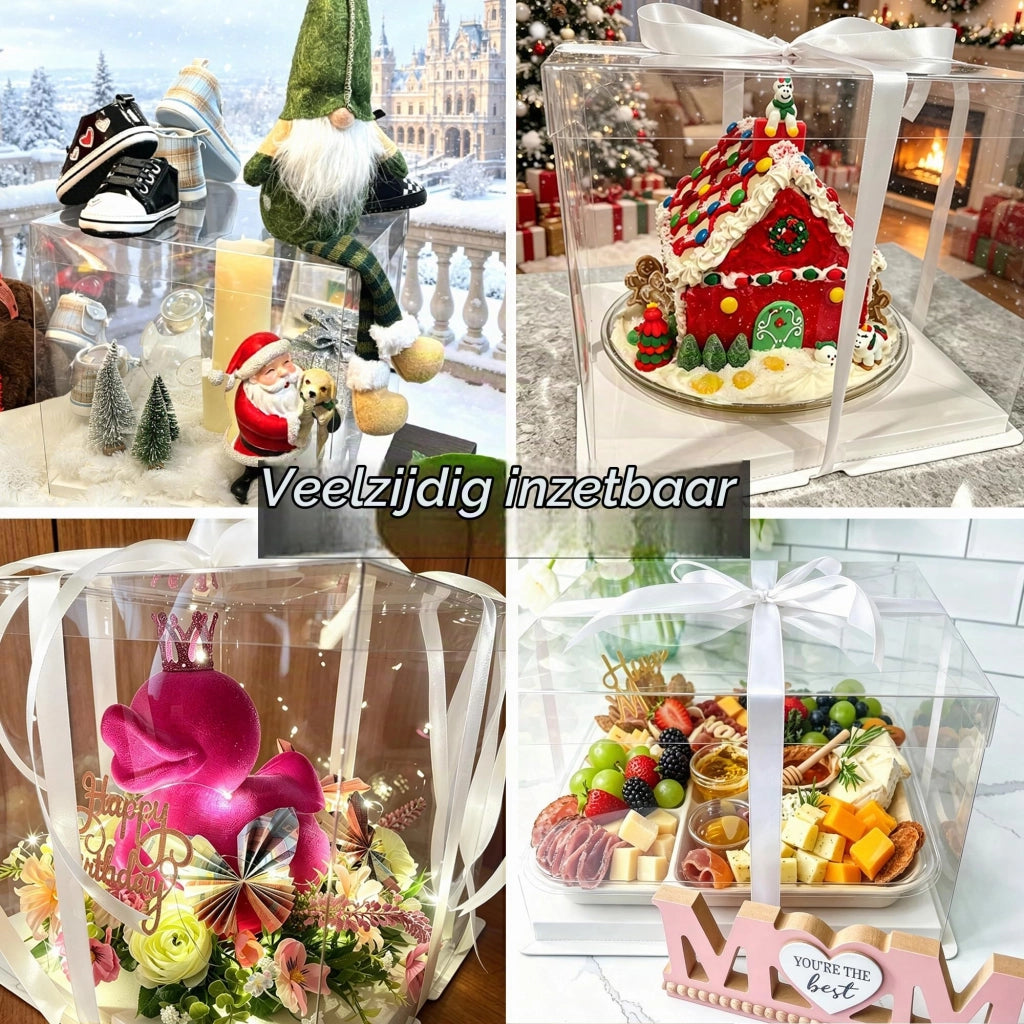 Scatole per dolci, set da 2, 26x26x24 cm, trasparenti, con nastri