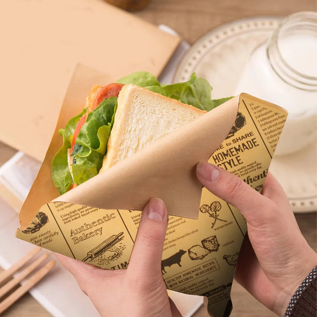 200 sacchetti di carta per hamburger, 15x15 cm, impermeabili ai grassi, con design simile a quello di un giornale