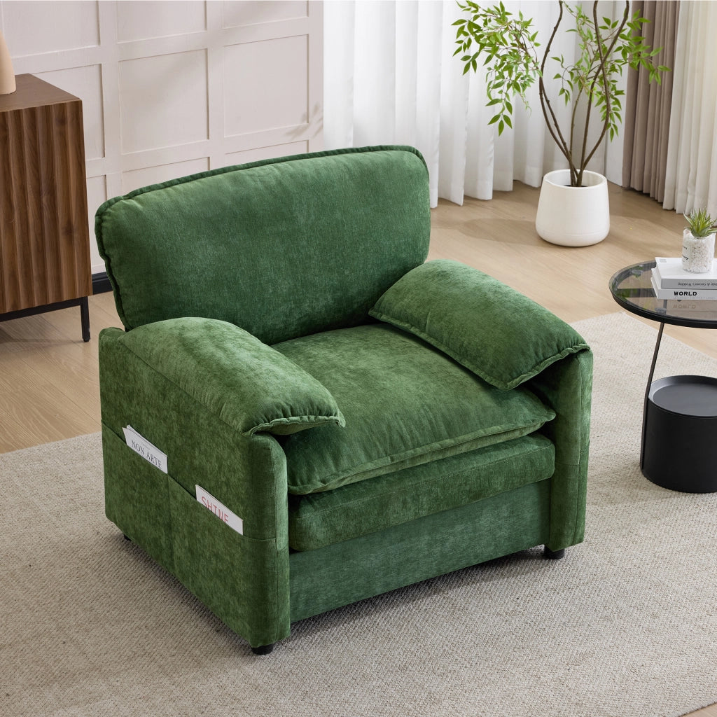 Poltrona con doppie tasche laterali in ciniglia verde scuro