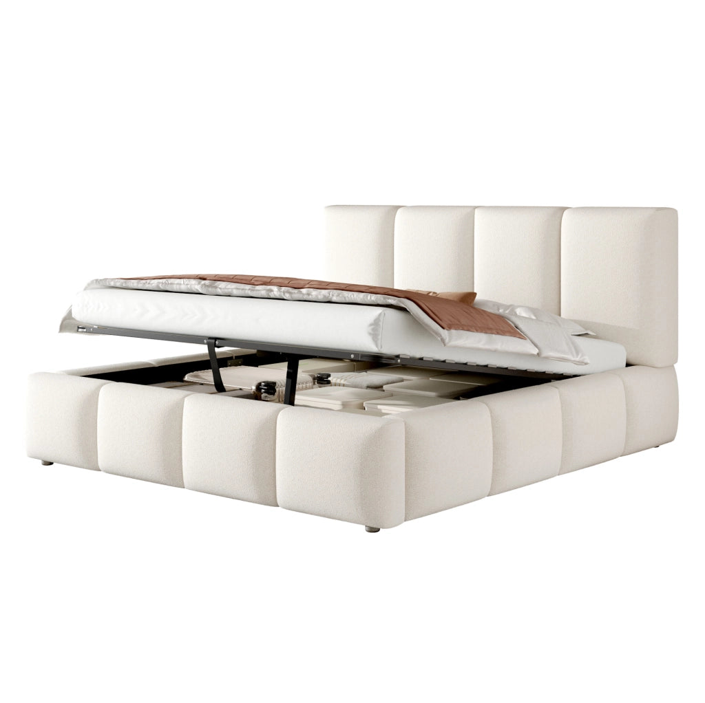 Letto matrimoniale contenitore 180x200 cm in bouclé bianco