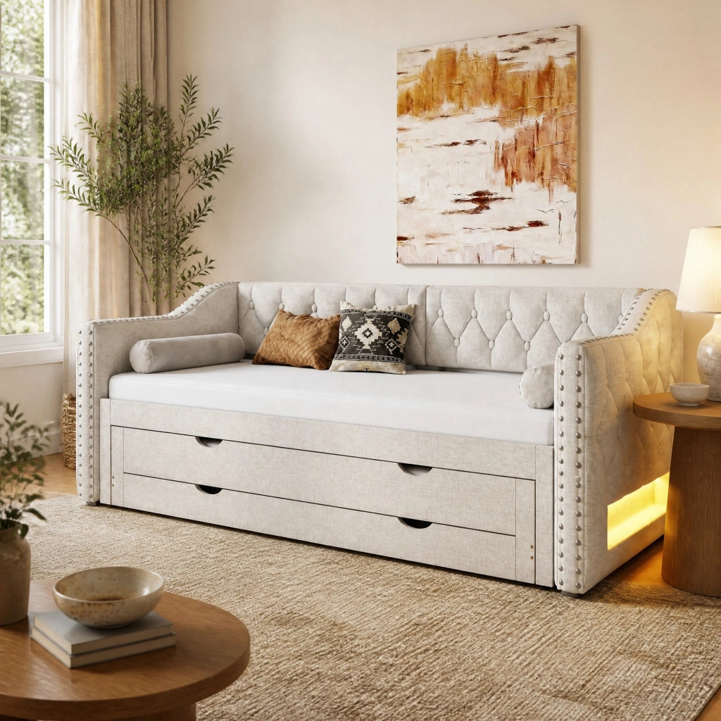 Letto singolo 90x200 cm con letto estraibile; 3 cassetti e luci LED; beige