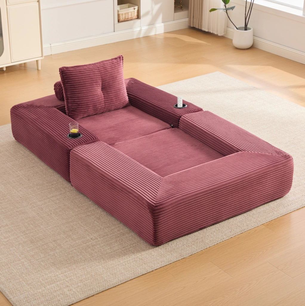 Divano letto pieghevole IVMEU 122 cm in velluto a coste rosso vino, con braccioli rimovibili e portabicchieri