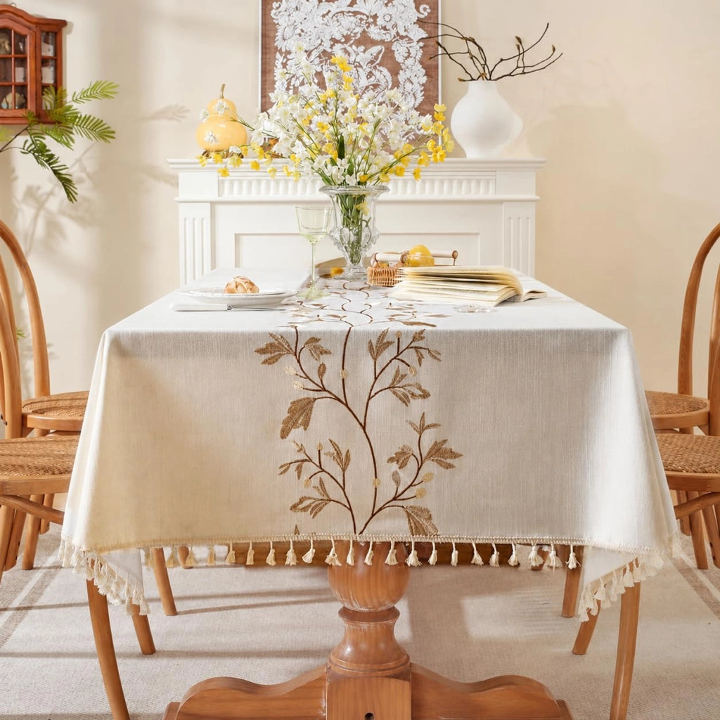Tovaglia in cotone e lino, con frange, idrorepellente, 140x213 cm